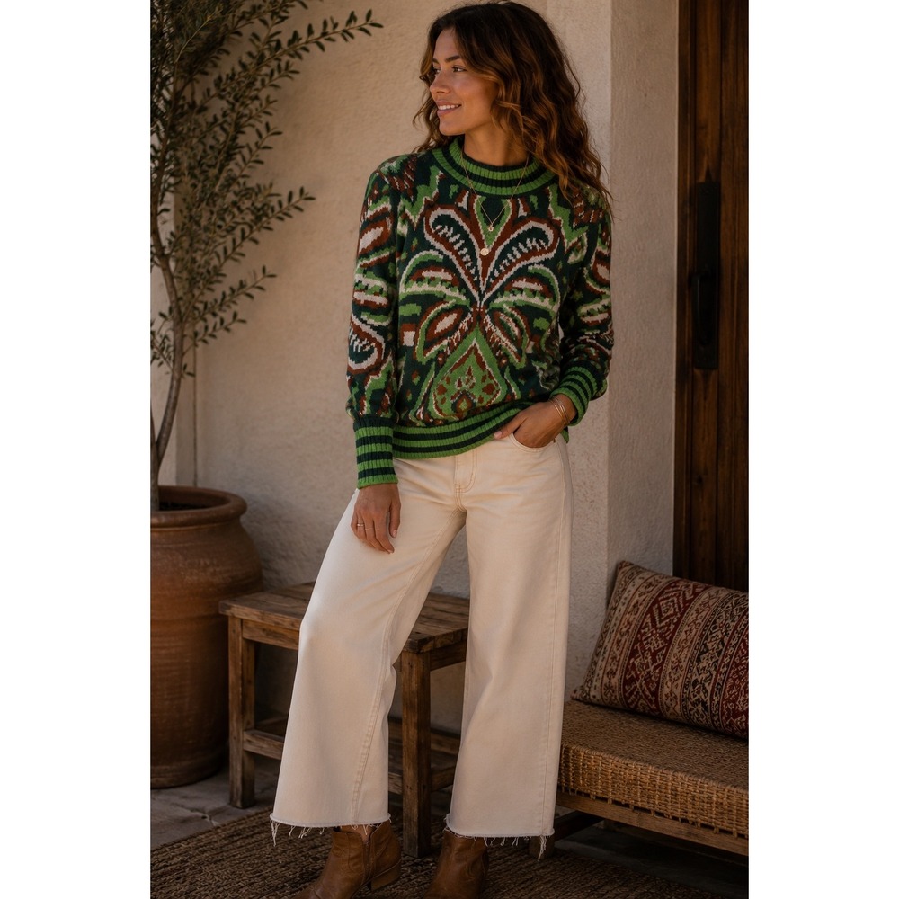 Fate Green Paisley Intarsia Mock Neck Puff Sleeve Sweater Small NEW